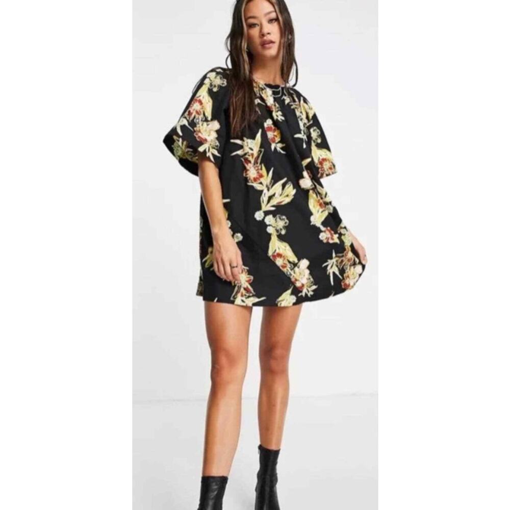 Free People JODIE Printed Floral Tunic Top Mini Dress in Black M NWOT $108